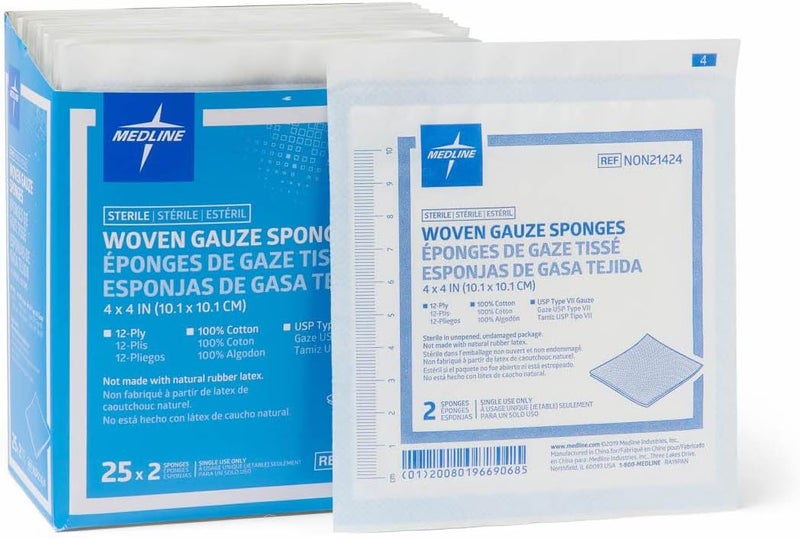 Medline 100% Cotton Woven Sterile Gauze Sponges, 4" x 4", 12-Ply, Ideal for Wound Dressing, Pack of 1200