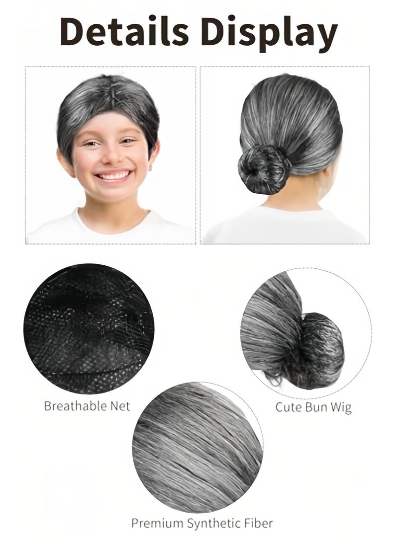 NIBEMINENT مجموعة تنكرية لجدّة بمناسبة 100 يوم من المدرسة، شعر مستعار للأطفال، مع شعر مستعار، نظارات، قلادة لؤلؤ صناعي، سوار، عصي قابلة للنفخ، منديل (7 قطع) - Image 2