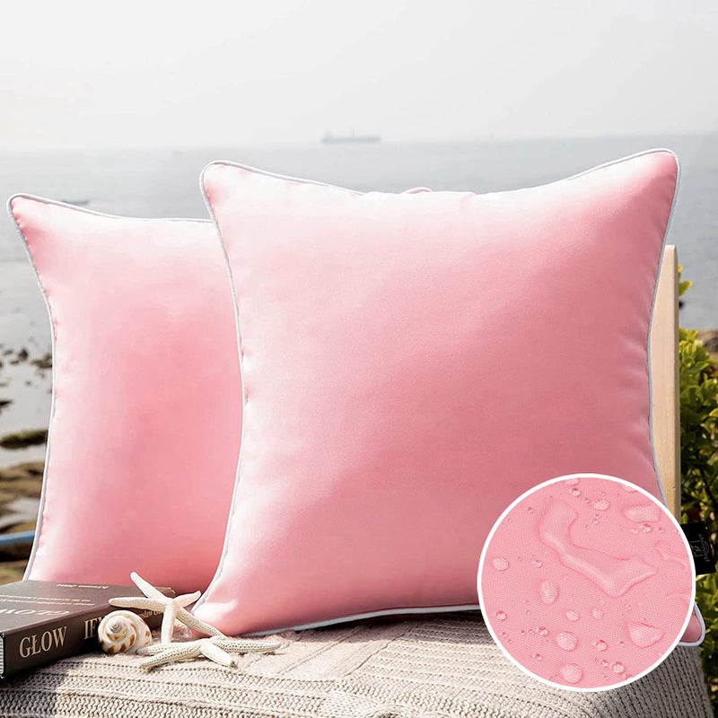 Phantoscope Pack of 2 Outdoor Waterproof Solid Throw Decorative Pillow Cover Decorative Square Outdoor Pillows Cushion Case Patio Pillows for Couch Tent Sunbrella (18''x18'', Pink) - Image 1