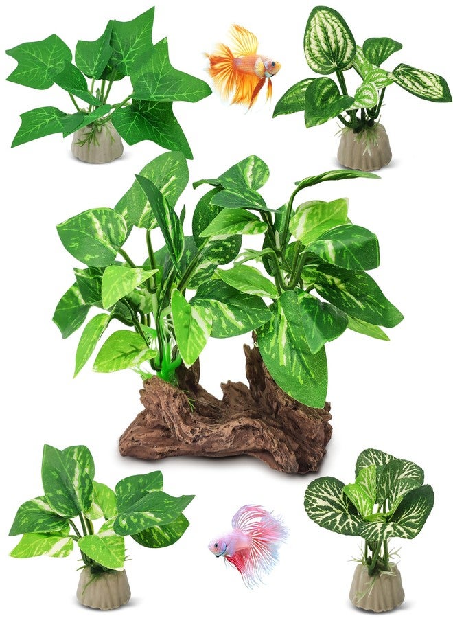 GOZILLA Silk Fish Tank Plants,Reptile Artificial Plant,Reptile Plants for Terrarium,Aquarium Decorations Accessories Set,Resin Driftwood Silk Aquarium Plant for Fish Tank.(5PCS/A-Set) - Image 1