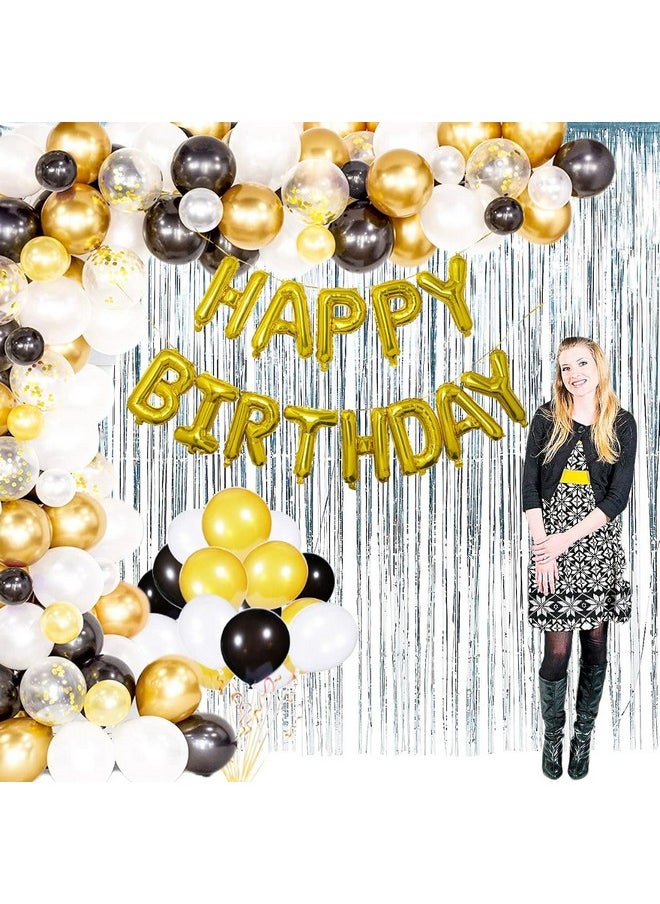 Theme My Party Theme My Party Birthday Decoration Kit - Black Golden Silver Latex Balloons Set with 2 Silver Foil Curtain & Golden Happy Birthday Foil Balloon  - Image 1