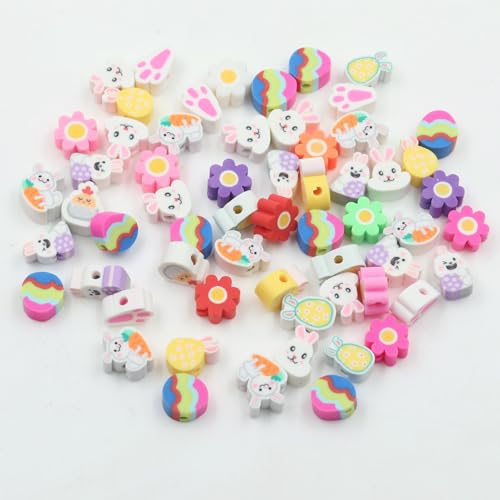 PEVOGON 100 Pcs Colorful Easter Polymer Clay Beads Mixed Bunny & Egg Soft Heishi Spacer Beads Supplies for DIY Bracelet Earring Necklace Jewelry Making - Image 2