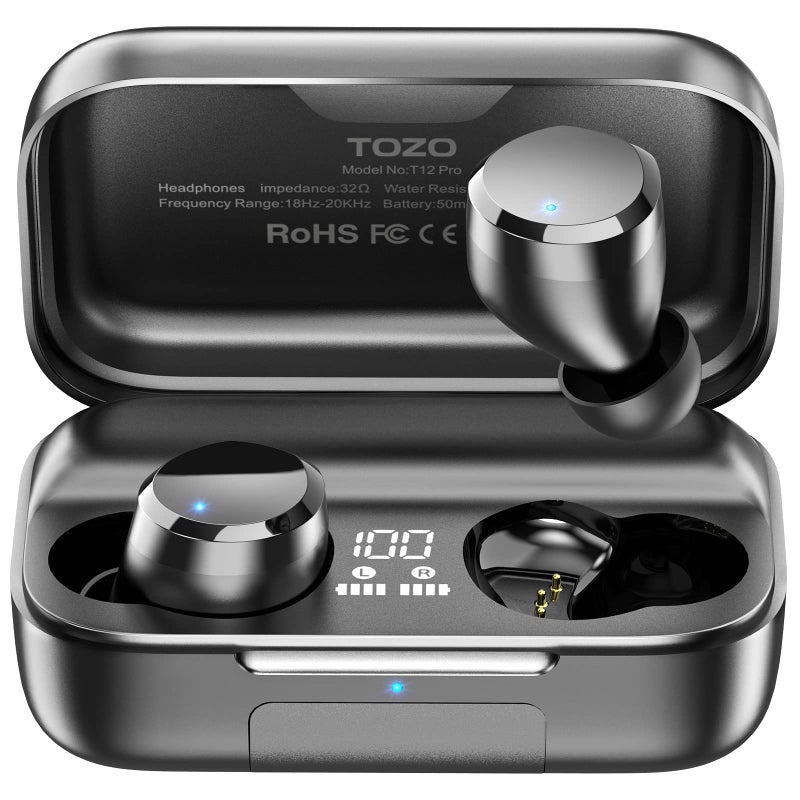 TOZO T12 Pro Wireless Earbuds Bluetooth Headphones with Qualcomm QCC3040 4 Mics CVC 8.0 Call Noise Cancelling and aptX Stereo Headset 2500mAh Wireless Charging Case IPX8 Waterproof Earphones Black - Image 1
