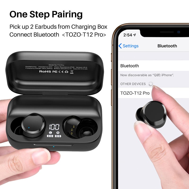 TOZO T12 Pro Wireless Earbuds Bluetooth Headphones with Qualcomm QCC3040 4 Mics CVC 8.0 Call Noise Cancelling and aptX Stereo Headset 2500mAh Wireless Charging Case IPX8 Waterproof Earphones Black - Image 2