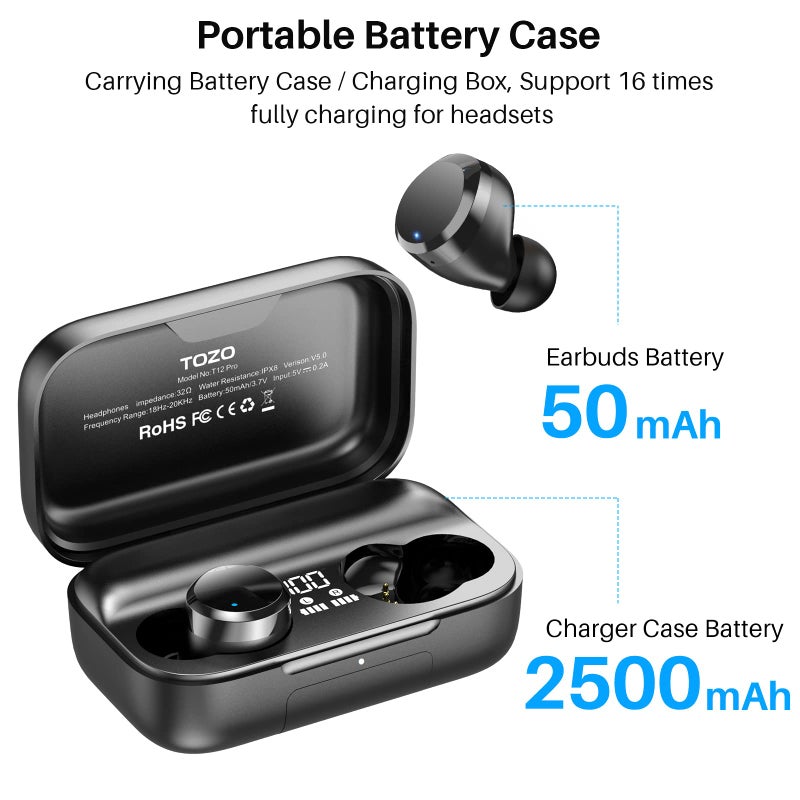 TOZO T12 Pro Wireless Earbuds Bluetooth Headphones with Qualcomm QCC3040 4 Mics CVC 8.0 Call Noise Cancelling and aptX Stereo Headset 2500mAh Wireless Charging Case IPX8 Waterproof Earphones Black - Image 3
