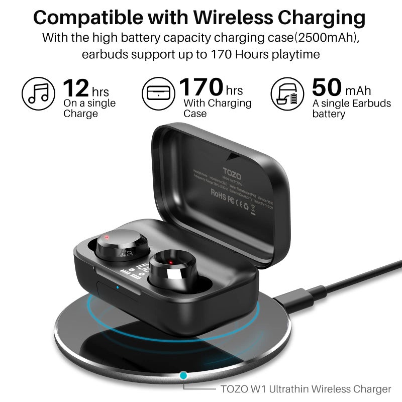 TOZO T12 Pro Wireless Earbuds Bluetooth Headphones with Qualcomm QCC3040 4 Mics CVC 8.0 Call Noise Cancelling and aptX Stereo Headset 2500mAh Wireless Charging Case IPX8 Waterproof Earphones Black - Image 5
