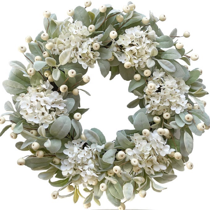 22 INCH LAMBS EARS LEAVES EVERYDAY WREATH WITH IVORY HYDRANGEA AND CREAM BERRIES SPRING SUMMER GREENERY WREATH WITH BURLAP RIBBON BOW KNOT FOR DOORS RUSTIC AND FARMHOUSE STYLE HOME DECOR