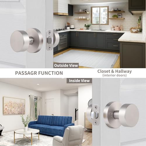 naubea Satin Nickel Passage Door Knob Brushed Nickel Interior Door Knobs for Closet and Hallway Doors Round Modern NonLocking Door Handles - Image 3