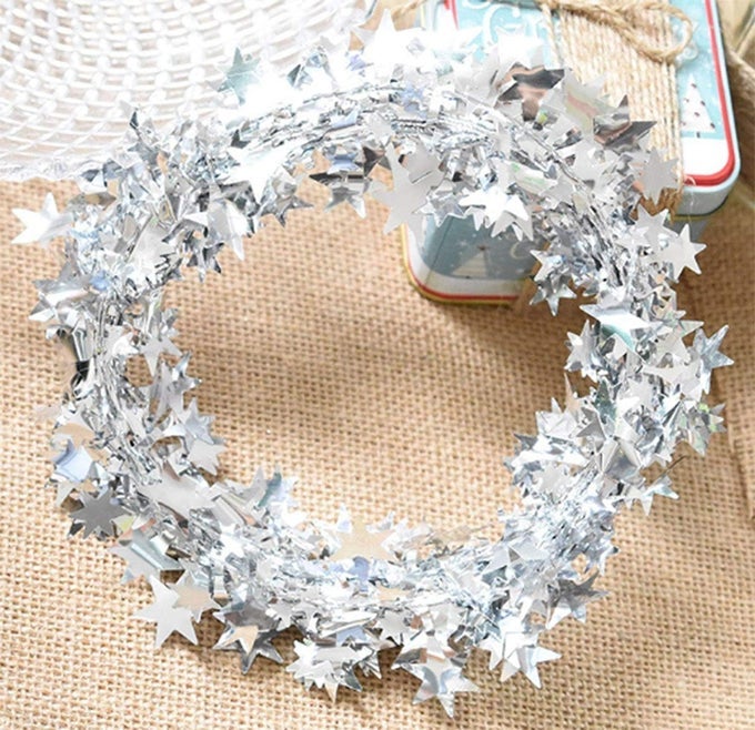 25 FT STAR TINSEL GARLANDS WITH WIRE STAR STRING DECOR FOR CHRISTMAS TREE PARTY DECORATION FESTIVE ORNAMENT 2 PACK SILVER