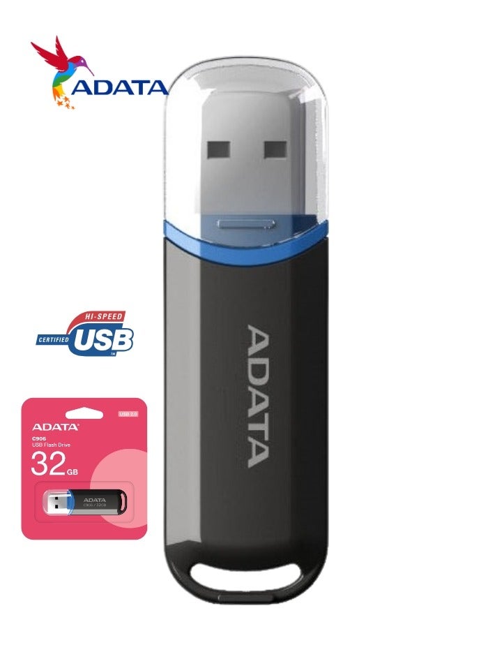ADATA C906 Compact | 32GB USB 2.0 Flash Drive | Lightweight and Fast Data Transfer | Black