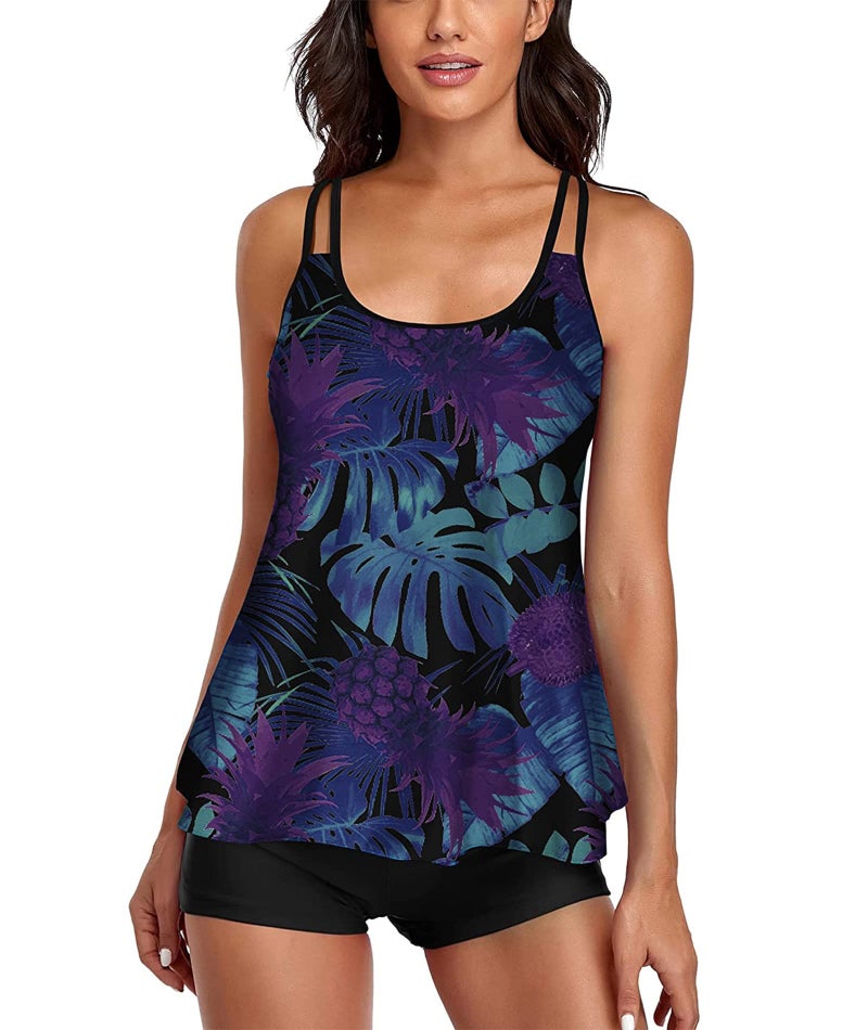 Urchics Womens Gray Tankini Swimsuit Tank Top Two Piece Bathing Suits with Boyshorts Z-Purple Blue Leaves XL - Image 1
