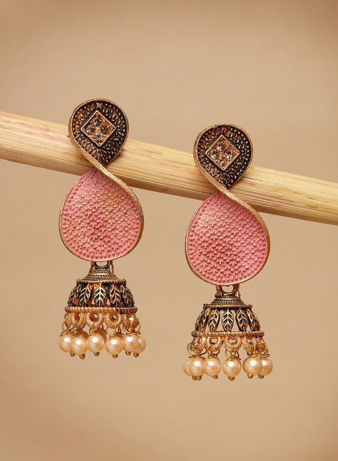 ADIVA Gold-Plated Kundan Stone Studded Meenakari Pearl Classic Jhumka Earrings Set for women, Traditional Stylish Jhumka for Girls Party, Wedding, Festive - Image 2