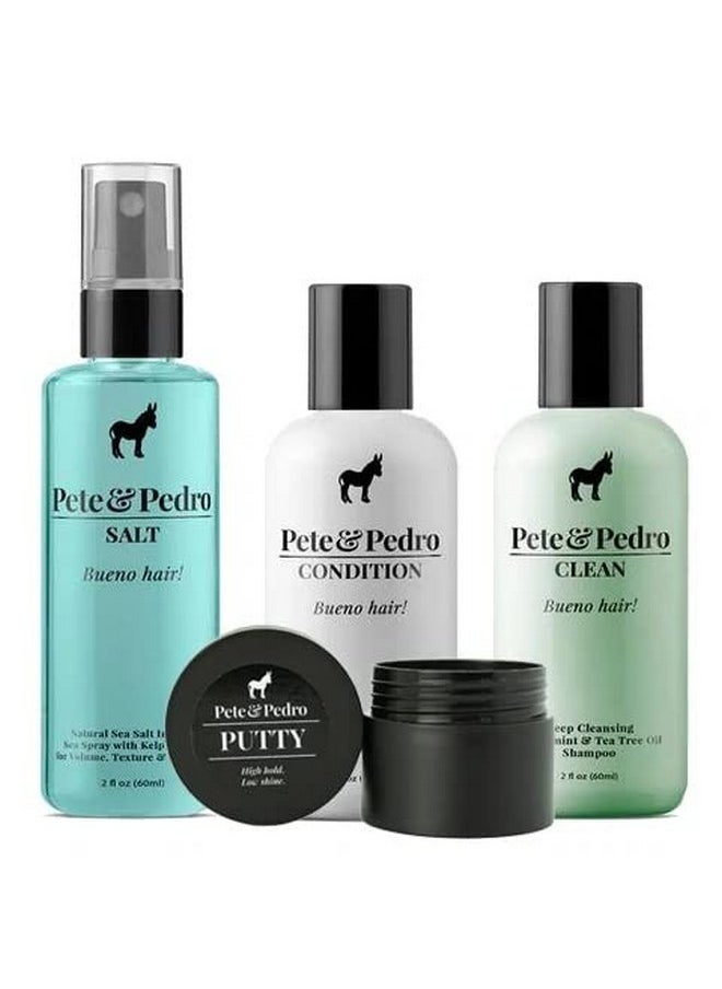 Pete & Pedro Pete & Pedro BUENO HAIR SAMPLES SET - Men's Hair Care and Styling Trial & Travel Size Kit | Sea Salt Spray, Putty, Clean Shampoo, & Peppermint Condition | As Seen on Shark Tank, Set of 4 Products  - Image 1