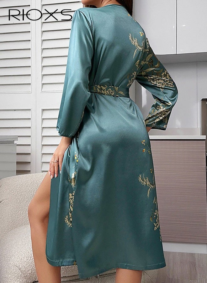 RIOXS Women's 2-piece Silk Pajama Set, Strapless Camisole Dress and Long Robe, Lightweight and Breathable Pajamas with Cherry Floral Print, V-Neck Strapless Camisole Dress Paired with a Wrap-Style Belted Robe for Home, Travel, and Vacations, Green - Image 5