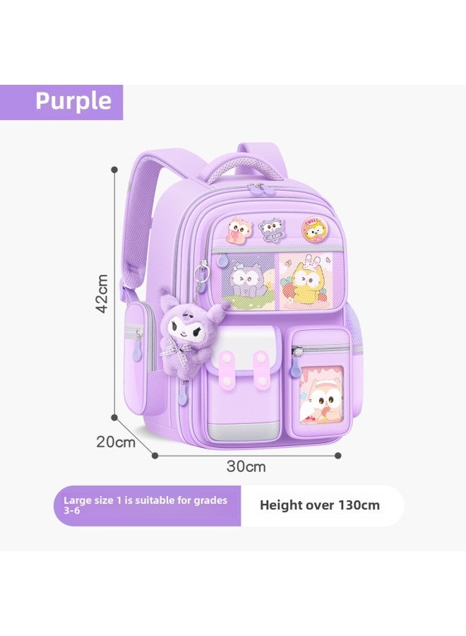2024 Schoolbag Girls Primary School Students Three To Six Female Burden Relief Spine Protection Grade One And Two Melti Children Wholesale-Color:Large Purple (Egg Yolk Cat) Grades 3-6-Size:Schoolbag + Accessories + Handbag  - Image 1