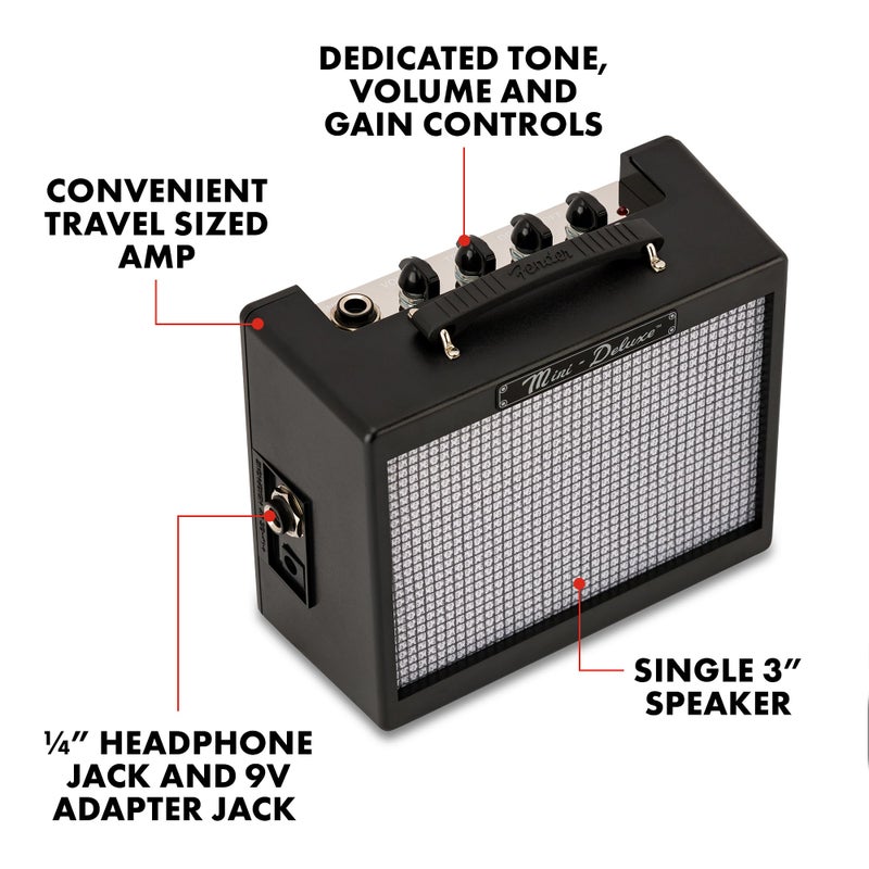 Fender Mini Deluxe Electric Guitar Amp, with 1-Year Warranty, Mini Guitar Amp, Portable Guitar Amplifier, Guitar Accessories, 3 Watts, Black - Image 2