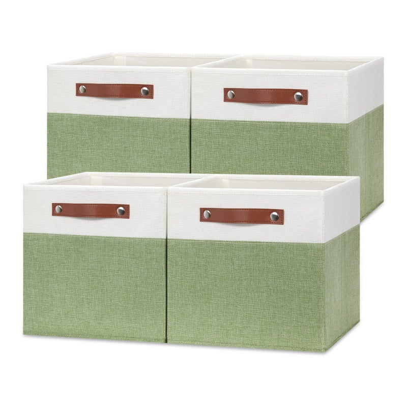 Temary 12 Inch Fabric Storage Cubes Storage Bins with Leather Handles 4 Pack Cube Baskets Bins for Organizing Closet Foldable Cloth Baskets for Shelves WhiteGreen