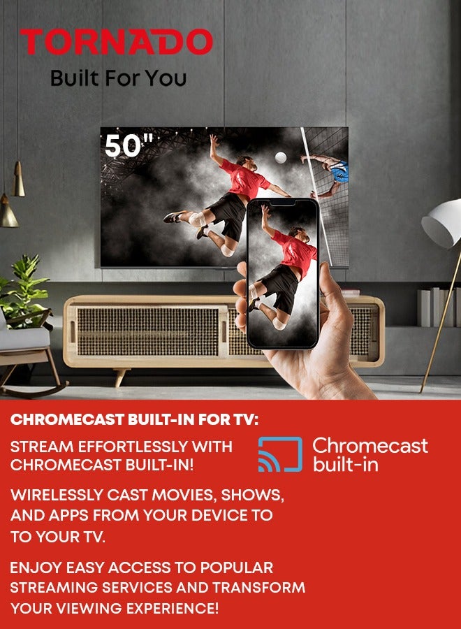 تورنيدو تلفاز ذكي 50 بوصة 4K ULTRA HD، تلفاز جوجل مع تحكم صوتي بدون استخدام اليدين، جهاز استقبال مدمج، دولبي فيجن أتموس، HDR 10+، وضع الألعاب، نطاق ألوان واسع، DTS HD، تلفاز جوجل أندرويد - Image 3