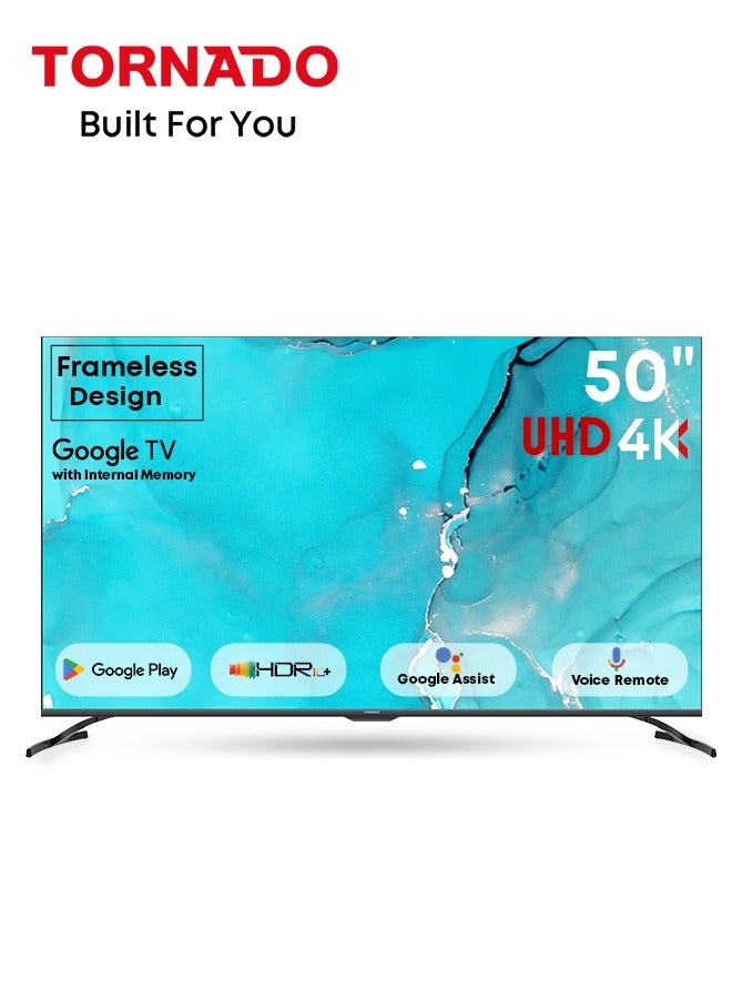 تورنيدو تلفاز ذكي 50 بوصة 4K ULTRA HD، تلفاز جوجل مع تحكم صوتي بدون استخدام اليدين، جهاز استقبال مدمج، دولبي فيجن أتموس، HDR 10+، وضع الألعاب، نطاق ألوان واسع، DTS HD، تلفاز جوجل أندرويد - Image 1