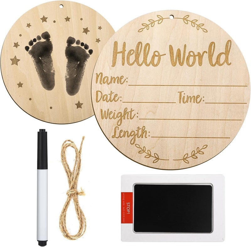 Excefore Baby Birth Announcement Sign, Wooden Baby Birth Sign With Marker Pen And Ink Pad, Double-Sided Boho Sun Newborn Announcement Sign For Baby Hand And Footprints, Baby Shower Keepsake - Image 1