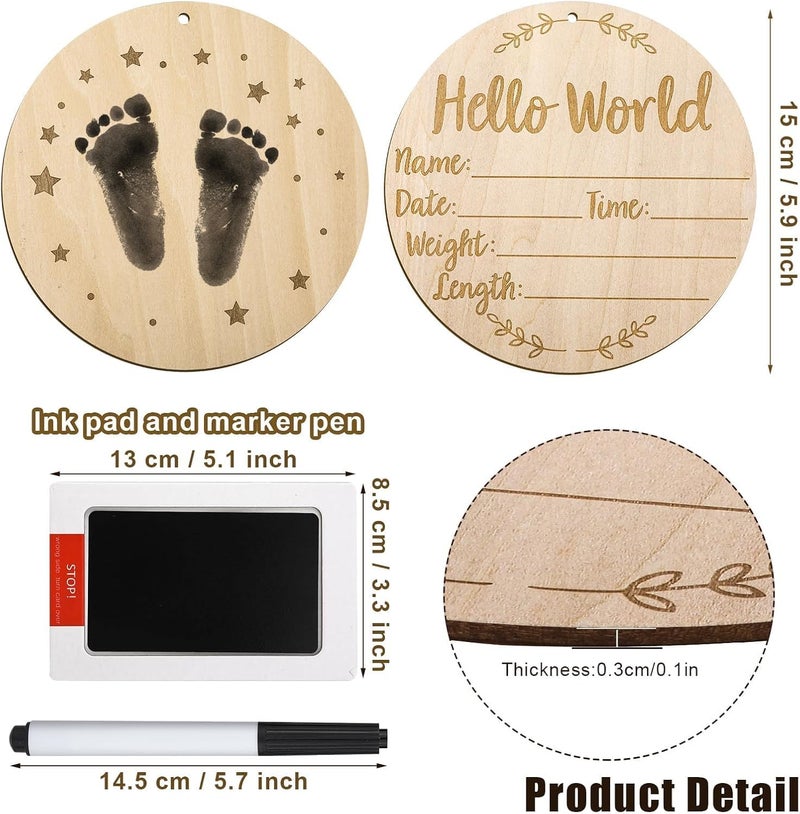Excefore Baby Birth Announcement Sign, Wooden Baby Birth Sign With Marker Pen And Ink Pad, Double-Sided Boho Sun Newborn Announcement Sign For Baby Hand And Footprints, Baby Shower Keepsake - Image 2