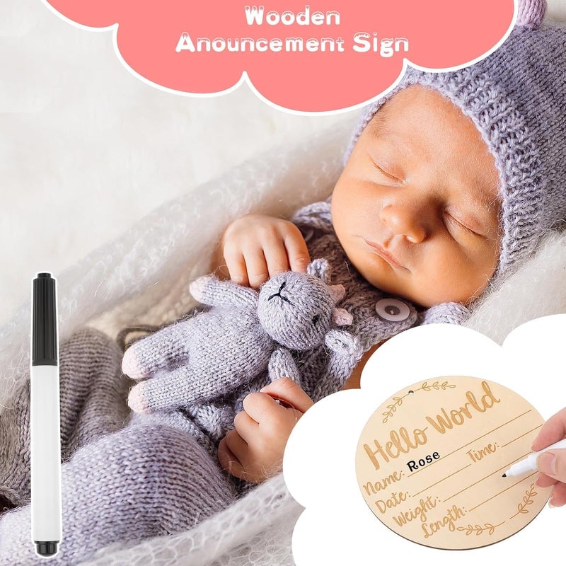 Excefore Baby Birth Announcement Sign, Wooden Baby Birth Sign With Marker Pen And Ink Pad, Double-Sided Boho Sun Newborn Announcement Sign For Baby Hand And Footprints, Baby Shower Keepsake - Image 5