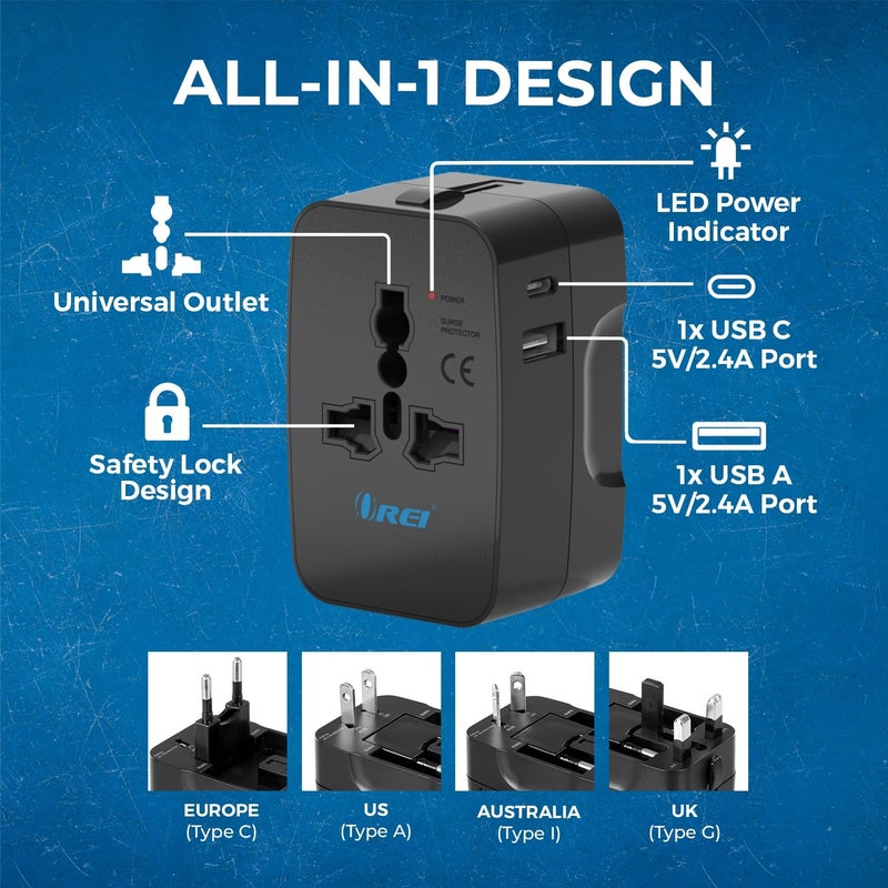OREI Orei Universal Charger Adapter with Type C 3 in 1 International Travel Adapter Universal Travel Adapter All in one with 1 USBA 1 USBC 24A Each and Universal Output Socket 10 Year Warranty  - Image 3