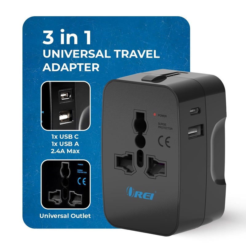 OREI Orei Universal Charger Adapter with Type C 3 in 1 International Travel Adapter Universal Travel Adapter All in one with 1 USBA 1 USBC 24A Each and Universal Output Socket 10 Year Warranty  - Image 2
