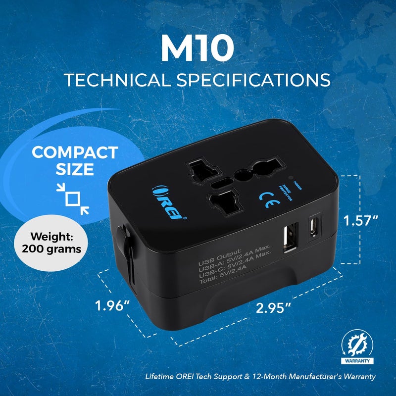 OREI Orei Universal Charger Adapter with Type C 3 in 1 International Travel Adapter Universal Travel Adapter All in one with 1 USBA 1 USBC 24A Each and Universal Output Socket 10 Year Warranty  - Image 4