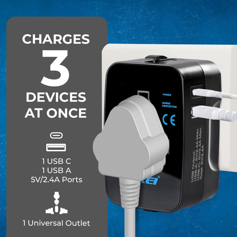 OREI Orei Universal Charger Adapter with Type C 3 in 1 International Travel Adapter Universal Travel Adapter All in one with 1 USBA 1 USBC 24A Each and Universal Output Socket 10 Year Warranty  - Image 5