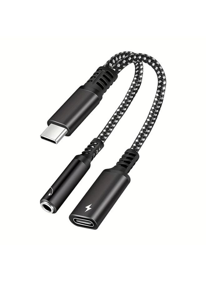 محول صوتي من USB-C أسود إلى 3.5 ملم لسماعات الرأس مع محول شحن سريع للآيباد وشاومي - Image 1
