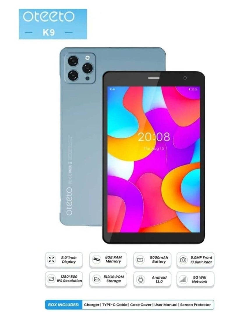Oteeto K9, 5G Android Tablet, 8 Inch IPS Display, Octa-core Processor, 8GB RAM, 512GB ROM, Bluetooth, Cellular, Wi-Fi, 5000 mAh Battery, Blue | K9