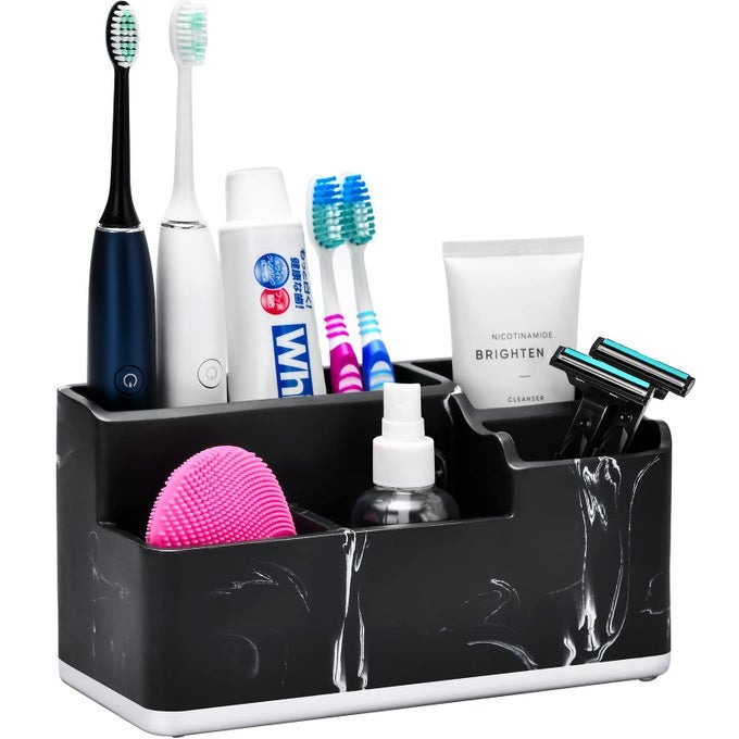 TOOTHBRUSH HOLDERS FOR BATHROOM BATHROOM ORGANIZER COUNTERTOP 5 COMPARTMENT BATHROOM ACCESSORIES STORAGE FOR TOOTHPASTEVANITY COUNTERSINK BLACK RESIN OF MARBLE COLOR