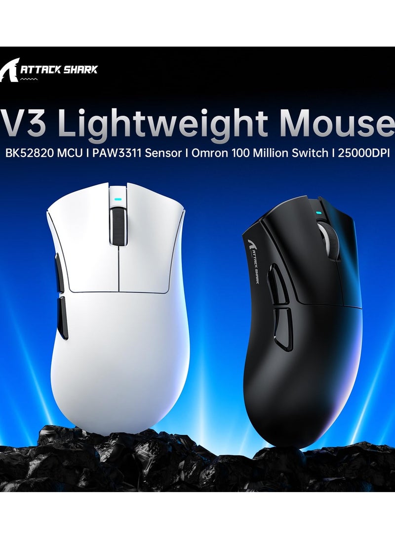 هجوم القرش ماوس ألعاب لاسلكي V3 فائق الخفة، مستشعر PAW3311، 500 مللي أمبير/ساعة، 62 جرام، 25 كيلو نقطة في البوصة 2.4 جيجا/بلوتوث/يو إس بي-سي ماوس لاسلكي قابل لإعادة الشحن مع 5 أزرار قابلة للبرمجة لأجهزة الكمبيوتر المحمولة والكمبيوتر الشخصي وأجهزة ماك (أسود) - Image 2