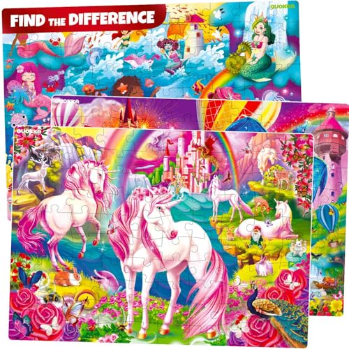 QUOKKA 100 Piece Puzzles for Kids Ages 8-10 – 3XSET Puzzles for Kids Ages 4-6 – Search & Find Mermaids Unicorns Kid Activities Included for 5-8 Year Old – Toddler Learning Toy Game Gift for Girls - Image 1