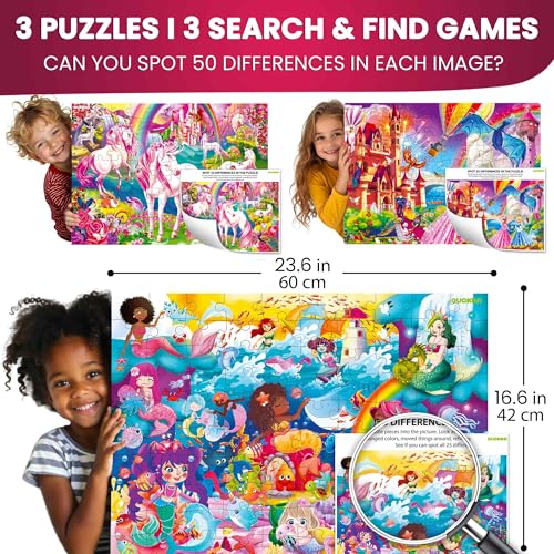 QUOKKA 100 Piece Puzzles for Kids Ages 8-10 – 3XSET Puzzles for Kids Ages 4-6 – Search & Find Mermaids Unicorns Kid Activities Included for 5-8 Year Old – Toddler Learning Toy Game Gift for Girls - Image 2