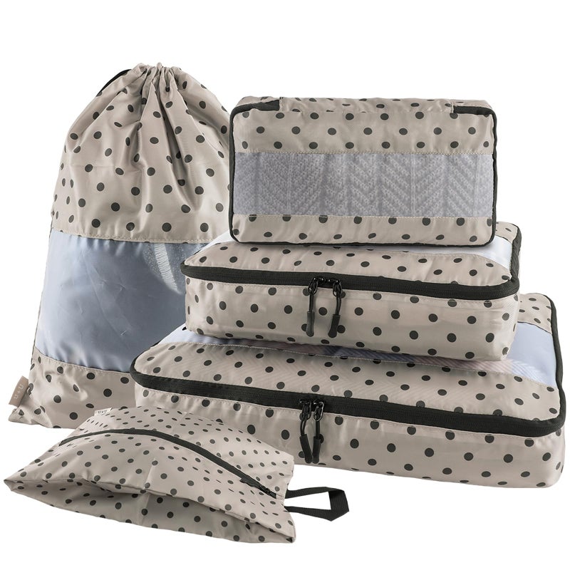 U+U 5 Set Packing Cubes for Travel Essentials Ultralight Luggage Packing Organizers with Laundry Bag and Shoe Bag for Vacation, Business Trip and Camping (Brown Polka Dot) - Image 1