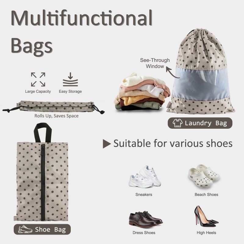 U+U 5 Set Packing Cubes for Travel Essentials Ultralight Luggage Packing Organizers with Laundry Bag and Shoe Bag for Vacation, Business Trip and Camping (Brown Polka Dot) - Image 4