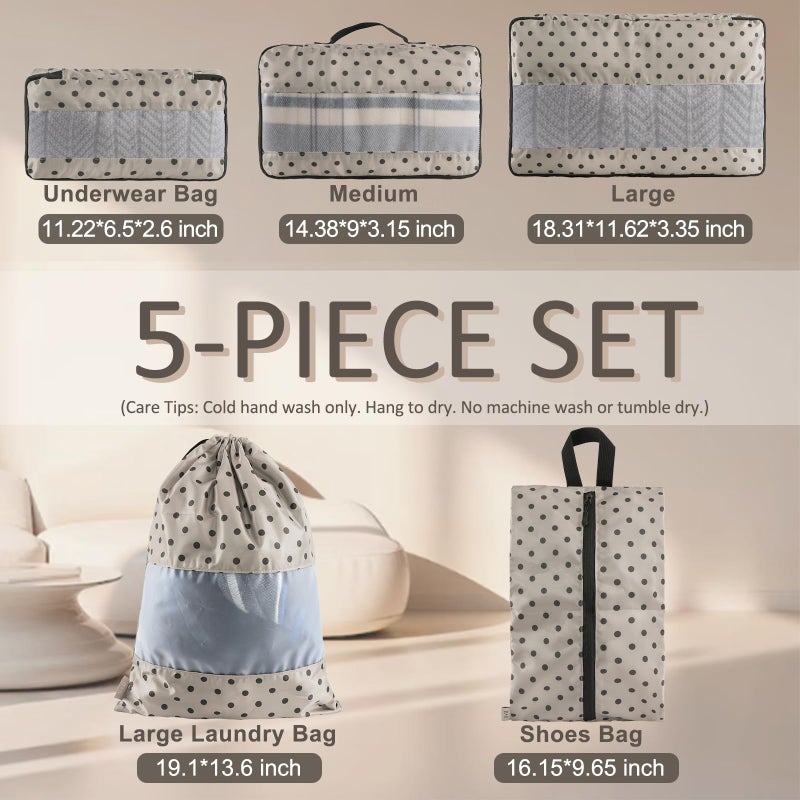 U+U 5 Set Packing Cubes for Travel Essentials Ultralight Luggage Packing Organizers with Laundry Bag and Shoe Bag for Vacation, Business Trip and Camping (Brown Polka Dot) - Image 3
