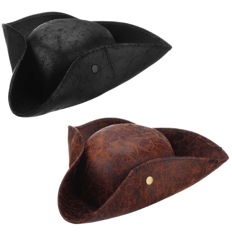 Chicingyou 2 Pcs Pirate Hat Faux Leather Colonial Tricorn Hat for Adult Mardi Gras Costume Renaissance Carnival Dressed Accessories (Black,Brown) - Image 1