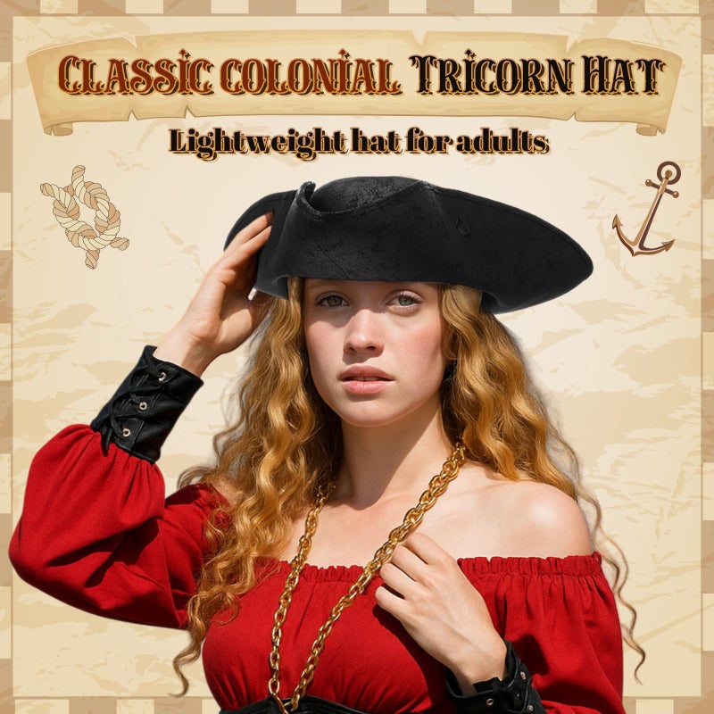 Chicingyou 2 Pcs Pirate Hat Faux Leather Colonial Tricorn Hat for Adult Mardi Gras Costume Renaissance Carnival Dressed Accessories (Black,Brown) - Image 4
