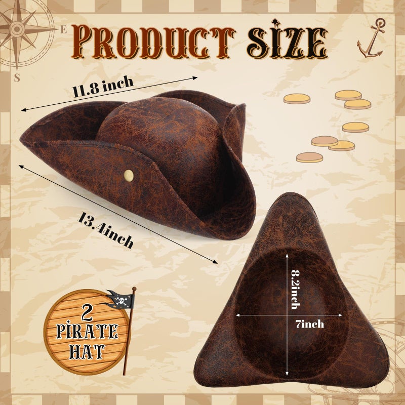 Chicingyou 2 Pcs Pirate Hat Faux Leather Colonial Tricorn Hat for Adult Mardi Gras Costume Renaissance Carnival Dressed Accessories (Black,Brown) - Image 2