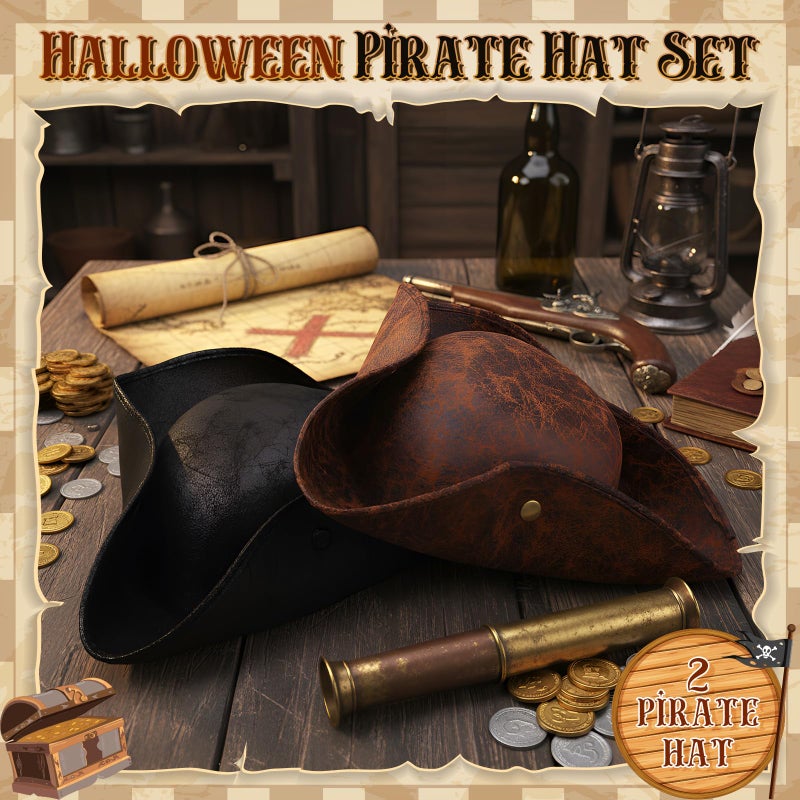 Chicingyou 2 Pcs Pirate Hat Faux Leather Colonial Tricorn Hat for Adult Mardi Gras Costume Renaissance Carnival Dressed Accessories (Black,Brown) - Image 5