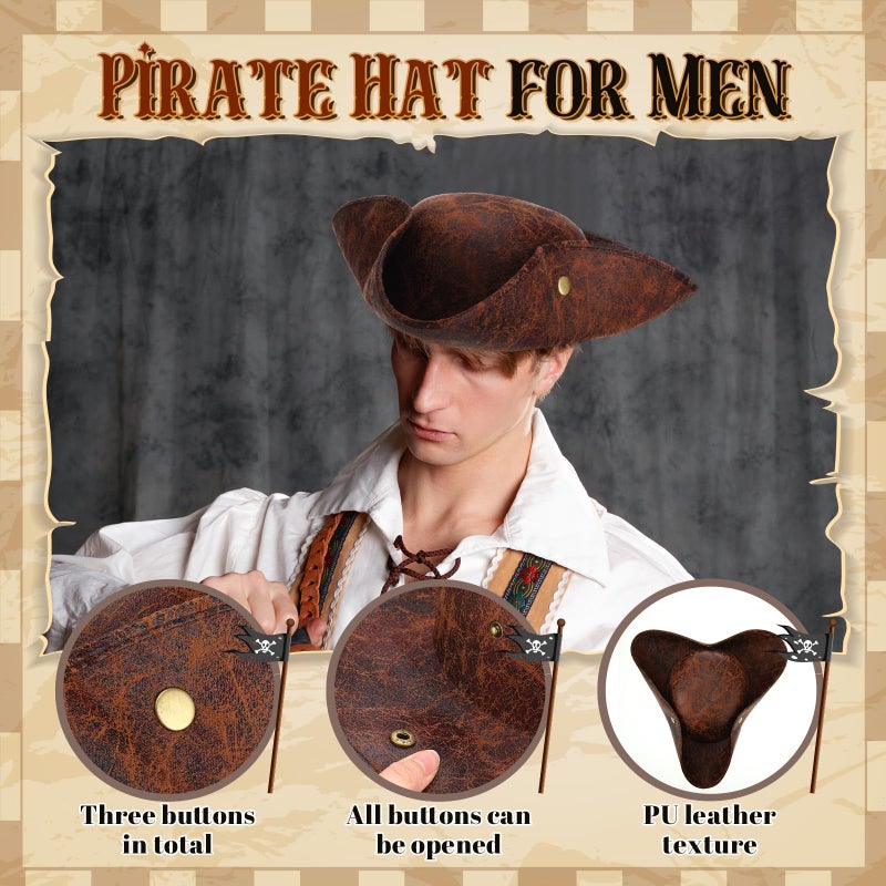 Chicingyou 2 Pcs Pirate Hat Faux Leather Colonial Tricorn Hat for Adult Mardi Gras Costume Renaissance Carnival Dressed Accessories (Black,Brown) - Image 3