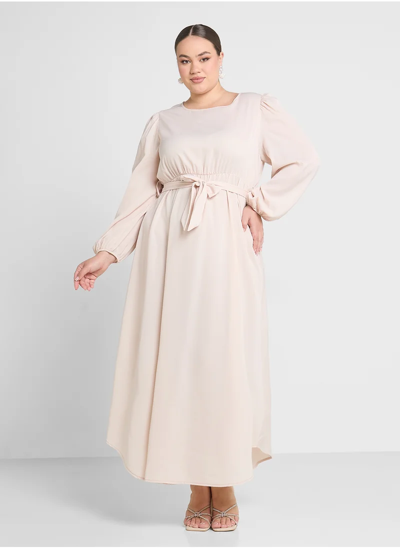 Ginger Plus Puff Sleeves Belted Maxi Dress