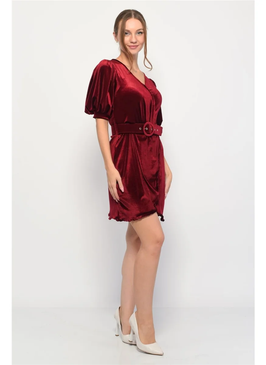 Nuseel Velvet Double Breasted Collar Short Balloon Sleeve Mini Dress Burgundy