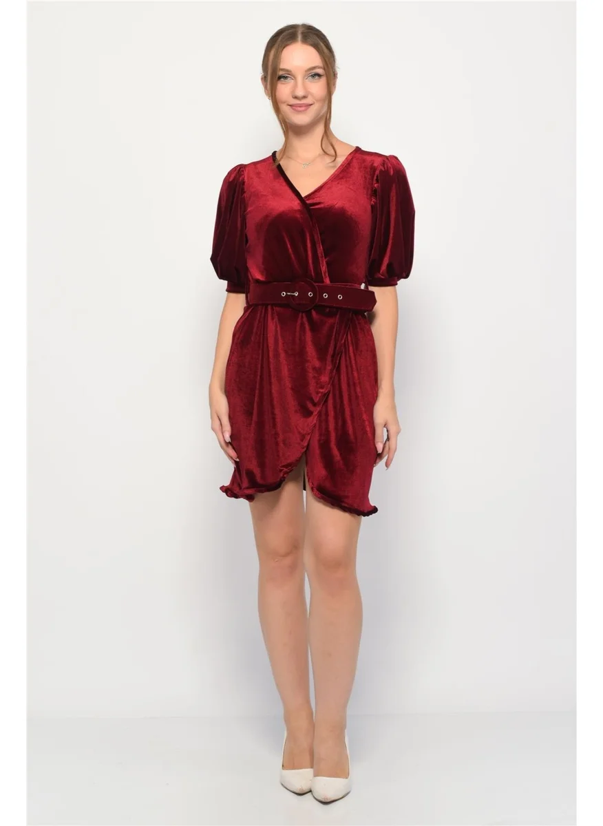 Nuseel Velvet Double Breasted Collar Short Balloon Sleeve Mini Dress Burgundy