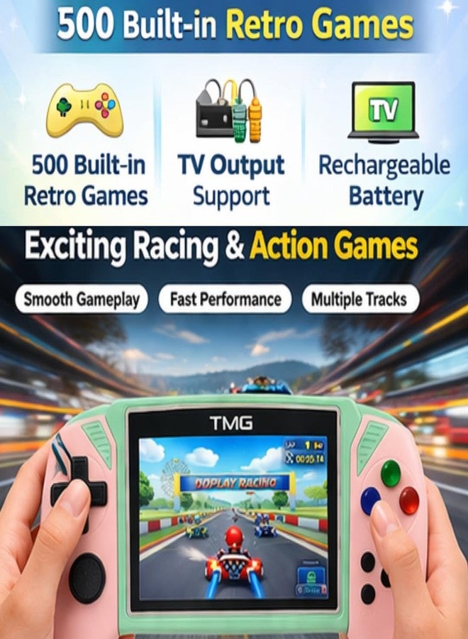 تي إم جي جهاز ألعاب محمول من TMG، يضم 500 لعبة كلاسيكية، شاشة ملونة 3.5 بوصة، يدعم توصيل التلفزيون، مناسب للأطفال والأولاد، هدية مثالية لأعياد الميلاد. (وردي بنفسجي) - Image 3