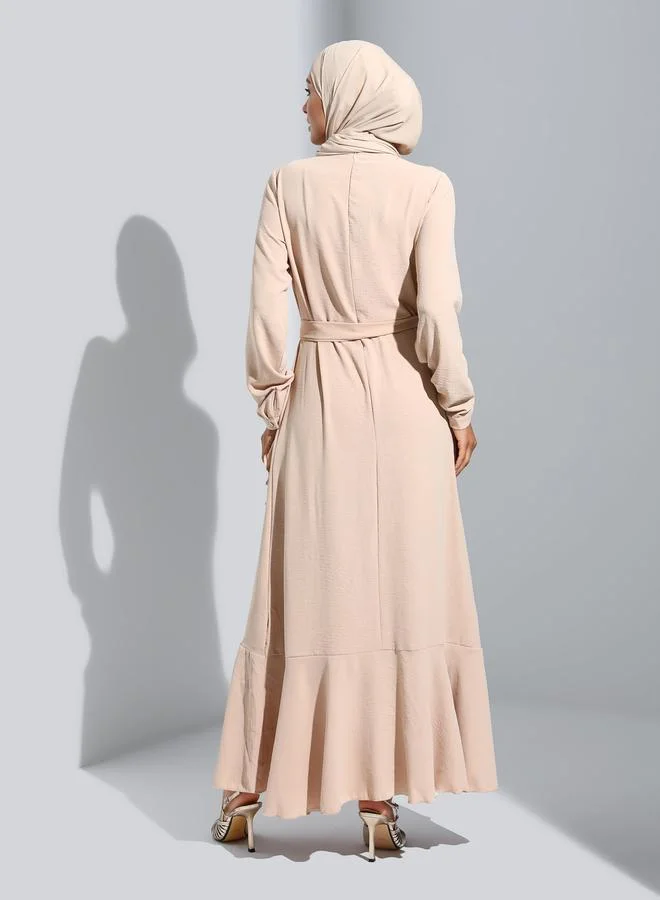 Refka by modanisa Refka by modanisa Beige Modest Maxi Dress with Ruffled Edge