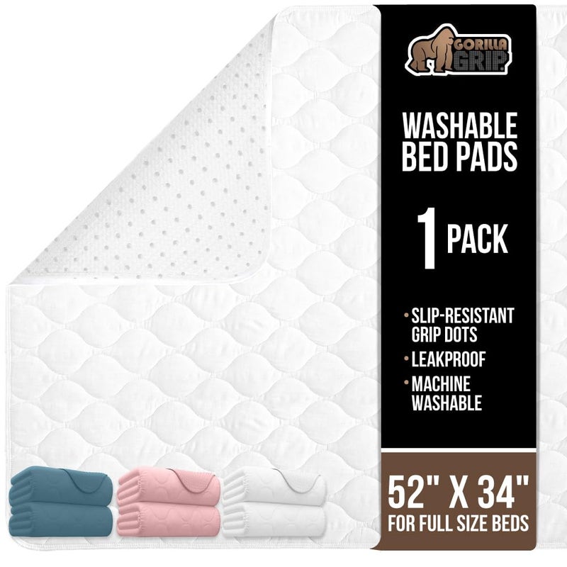 GORILLA GRIP Washable Underpads, Waterproof Reusable Heavy Absorbency Incontinence Bed Pads, Leak Proof Toddler Mattress Pad, 52x34 Slip Resistant Protector for Bedwetting, Adults and Kids, White - Image 1